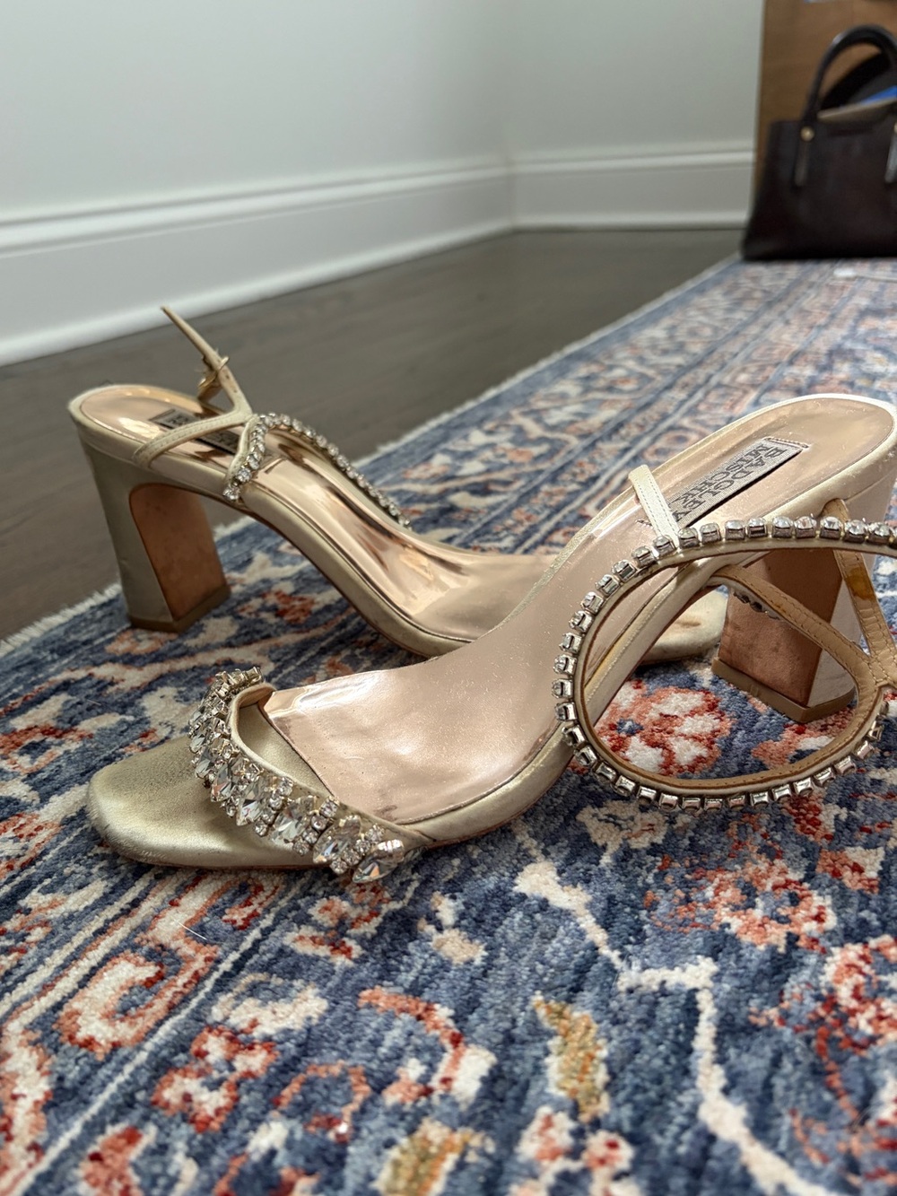 Badgley Mischka gold heels with rhinestone details